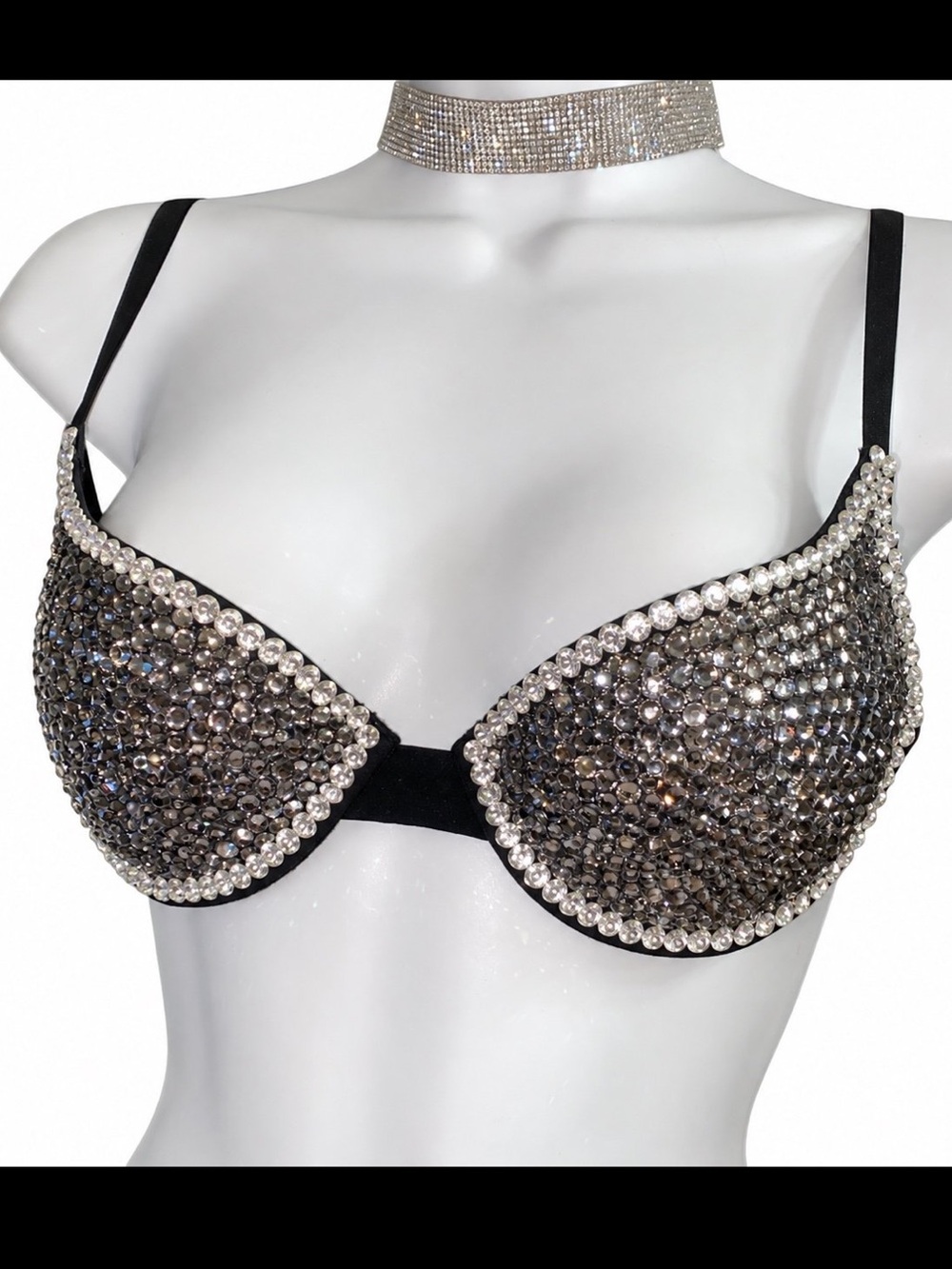 32C Black Diamond & Crystal Design Rhinestone Crystal Glam Bra New Custom